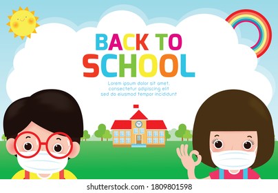 Back to school for new normal lifestyle concept, Social Distancing, asian children wearing a surgical protective Medical mask for prevent coronavirus or covid 19 isolated on white background vector