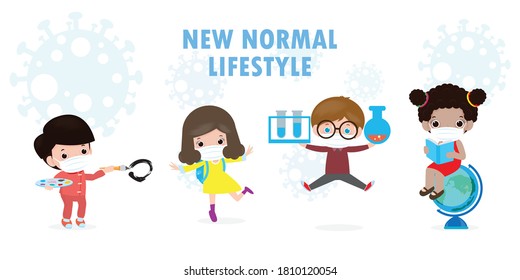 Back to school for new normal lifestyle concept. happy group of kids wearing face mask and social distancing protect coronavirus covid 19, children and friends go to school isolated on background
