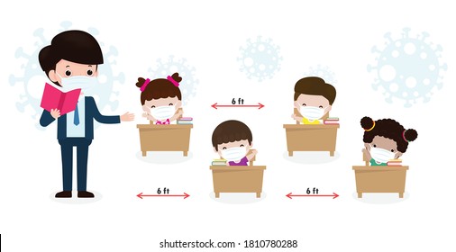 Back to school for new normal lifestyle concept. happy students kids and teacher wearing face mask protect corona virus or covid 19 social distancing Sitting on the desk in classroom isolated vector