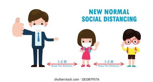 Back to school for new normal lifestyle concept. happy kids with teacher wearing face mask and social distancing protect coronavirus covid 19, children and friends go to school isolated on background