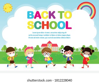 Back to school for new normal lifestyle concept. happy group of kids wearing face mask and social distancing protect coronavirus covid 19, children and friends go to school isolated on background
