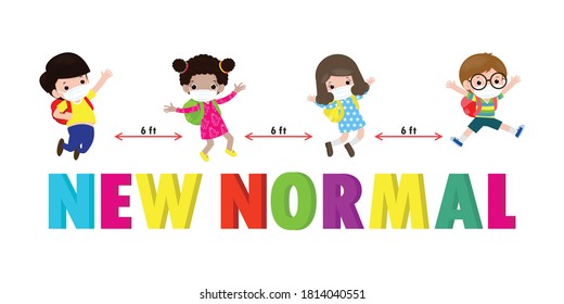 Back to school for new normal lifestyle concept. happy kids wearing face mask and social distancing protect coronavirus covid 19, group of children and friends go to school isolated on background