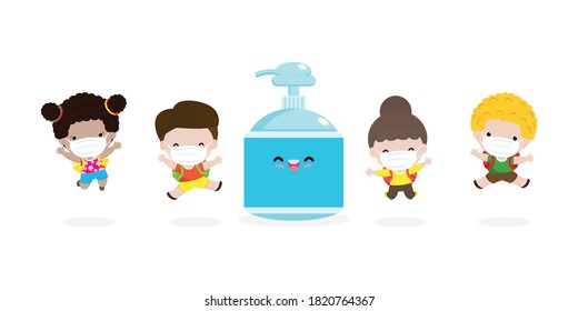 Back to school for new normal lifestyle concept. happy students Cute kids wearing face mask and alcohol gel or Hand wash gel and social distancing protect coronavirus or covid-19 Healthy background