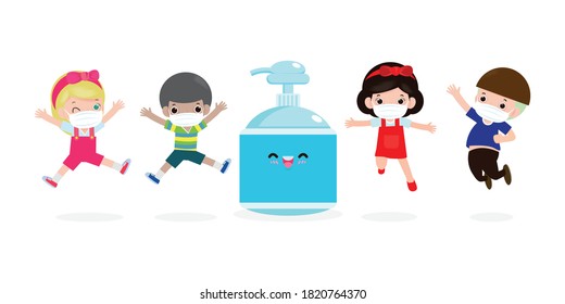 De vuelta a la escuela para un nuevo concepto de estilo de vida normal. Alumnos felices Niños con mascarilla facial y gel de alcohol o gel de lavado de manos y distanciamiento social protegen el coronavirus o covid-19 Sanos antecedentes