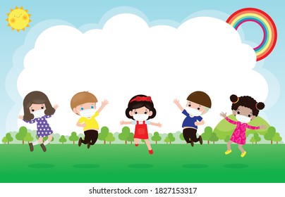 De vuelta a la escuela para un nuevo concepto de estilo de vida normal. grupo feliz de niños con máscara facial y distanciamiento social protegen al coronavirus covid-19 saltando a la pradera en el colegio aislado en ilustración de fondo