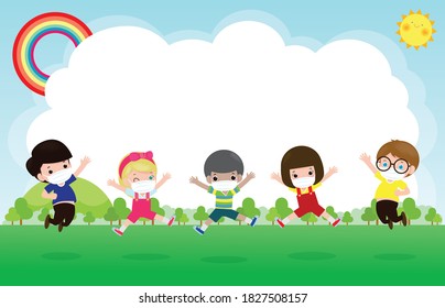 Back to school for new normal lifestyle concept. happy group kids wearing face mask and social distancing protect coronavirus covid-19 jumping on meadow at school isolated on background illustration