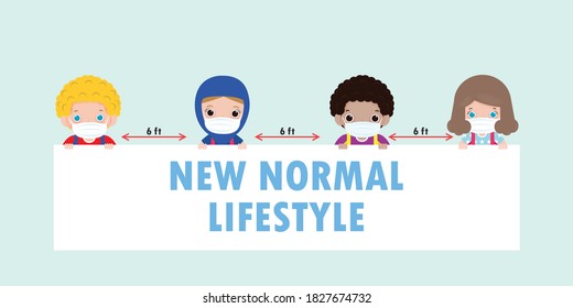 Back to school for new normal lifestyle concept. happy kids wearing face mask and social distancing protect coronavirus covid 19, group of children and friends holding signboard isolated on background