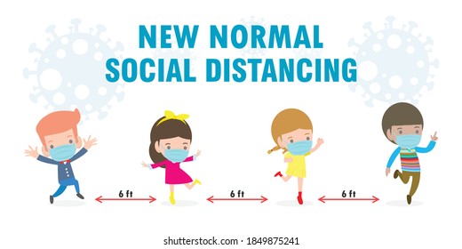 Back to school for new normal lifestyle concept. happy kids wearing face mask and social distancing protect coronavirus covid 19, group of children and friends go to school isolated on background