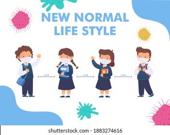 Back to school for new normal lifestyle concept. happy group of kids wearing face mask and social distancing protect coronavirus covid 19, children and friends go to school isolated on background