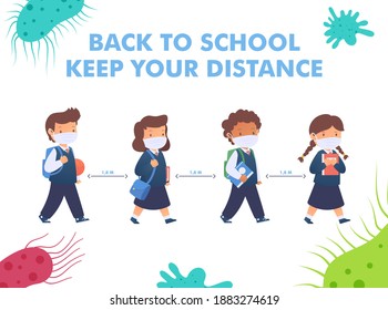 Back to school for new normal lifestyle concept. happy group of kids wearing face mask and social distancing protect coronavirus covid 19, children and friends go to school isolated on background