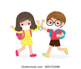 Back To School For New Normal Lifestyle Concept  Kids Elbow Bump Greeting To Avoid The Spread Of Coronavirus Instead Of Greeting With Hug Or Handshake Wearing Face Mask Protect Covid 19 On Background