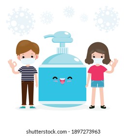 Back to school for new normal lifestyle concept. happy students Cute teens wearing face mask and alcohol gel or Hand wash gel and social distancing protect coronavirus or covid-19 Healthy background