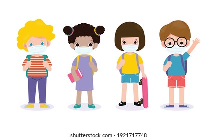 Back to school for new normal lifestyle concept. happy school kids wearing face mask protect corona virus or covid 19, preschoolers children teenagers characters Pupils with books and backpacks vector