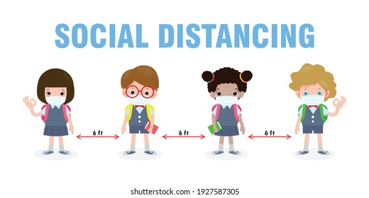 Back to school for new normal lifestyle concept. happy kids wearing face mask and social distancing protect coronavirus covid 19, group of children and friends go to school isolated on background