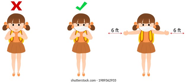 Back to school for new normal lifestyle concept. happy kid wearing face mask and social distancing protect coronavirus covid 19. illustration