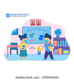 Back to school for new normal lifestyle concept. kids wearing face mask, use hand sanitizer and social distancing protect covid 19, group of children and friends go to school isolated on background.