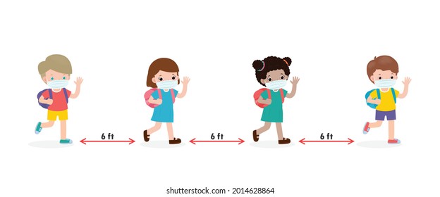 Back to school for new normal lifestyle concept. happy kids wearing face mask and social distancing protect coronavirus covid 19, group of children and friends go to school isolated on background