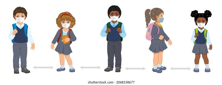 Back to school for new normal lifestyle concept. happy kids wearing face mask and social distancing protect coronavirus covid 19, group of children and friends go to school isolated