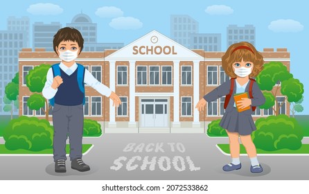Back to school for new normal lifestyle concept. happy kids wearing face mask and social distancing protect coronavirus covid 19, kids on school building background. isolated  
