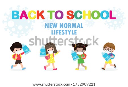 Back to school for new normal lifestyle concept. happy students Cute kids wearing face mask and alcohol gel or Hand wash gel and social distancing protect coronavirus or covid-19 Healthy background