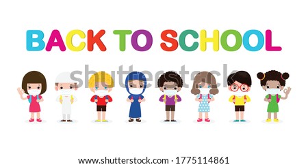 Back to school for new normal lifestyle concept. happy group of kids wearing face mask and social distancing protect coronavirus covid 19, children and friends go to school isolated on background