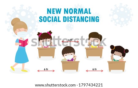 Back to school for new normal lifestyle concept. happy students kids and teacher wearing face mask protect corona virus or covid 19 social distancing Sitting on the desk in classroom isolated vector