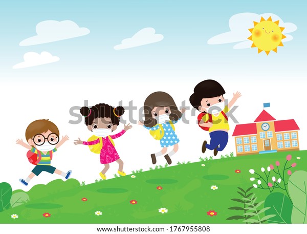 Back to school for new normal lifestyle concept. happy group kids wearing face mask and social distancing protect coronavirus covid-19 jumping on meadow at school in summer day isolated on background. Healthcare wall art. 