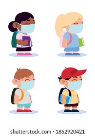 back to school for new normal, little students boys and girls with protective masks vector illustration