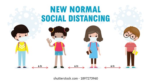 Back to school for new normal and social distancing preschoolers children teenagers wearing sanitary masks protect corona virus or covid 19, Pupils with books and backpacks Cartoon character vector