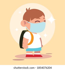 back to school for new normal, student cute boy with protective mask and backpack vector illustration