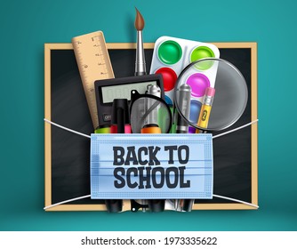Back to school new normal vector design. Back to school text in face mask with 3d educational supplies for educational prevention campaign. Vector illustration 