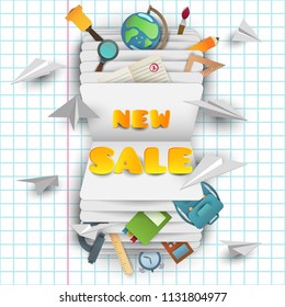 Back to school new sale banner in paper cut cartoon trendy craft style. Modern origami teaching, education and learning symbol design. Concept background with open book. Vector illustration.