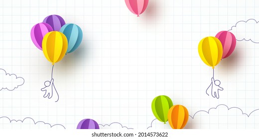 Back to school notebook background. Drawing children and flying colorful paper balloons banner. Vector doodle kids with 3d ballons on empty poster template - Shutterstock ID 2014573622