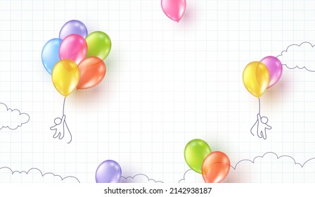 Back to school notebook background. Drawing children and flying colorful balloons banner. Vector doodle kids with 3d ballons on empty poster template