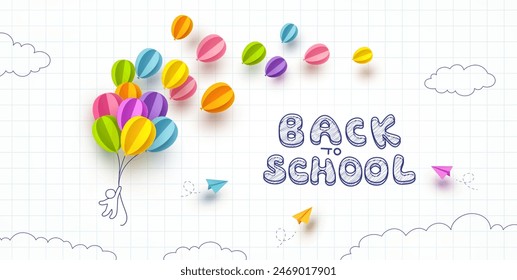 Fondo de cuaderno de vuelta a la escuela. Dibujar niño, volar coloridos globos de papel y aviones. Vector doodle niño con globos 3d en el cartel de la educación, Anuncio, cubierta