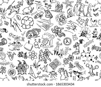 Back to school. School notebook cover. school-themed seamless pattern, simple icon outline, black outline on white background. . Vector illustrations of banners, posters, leaflets, cards, covers 