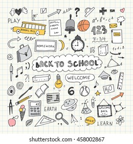 Back to school. Notebook doodle set. Freehand drawing