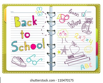 Back to school, notebook with doodles