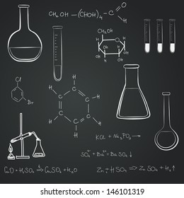 Back to school notebook doodles with chemical formulas, flasks and chemical reagents on chalkboard background. Hand drawn illustration.