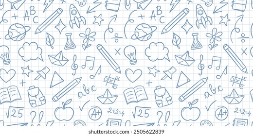 Back to school notebook doodles seamless repeating vector pattern background design