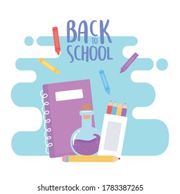 back to school, notebook laboratory flask pencil color education cartoon vector illustration