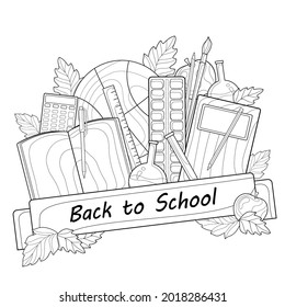 De vuelta a la escuela. Cuaderno, pluma, lápiz, pincel, paleta y acuarela, regla, matraz, manzana, hojas, calculadora. Ilustración educativa sobre un fondo blanco aislado. Para colorear páginas de libros.