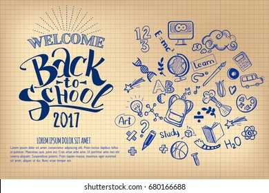 Back to school Notebook sheet with hand drawn doodle supplies and lettering. Education background for design, branding, web, brochures, folder, banners, leaflet. School typography and sketchy decor