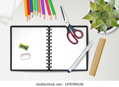 Back to school notebook Vector. Sale promotion banner. School supplies on wooden texture top view