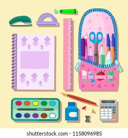 Back to school, notebook,calculator, pen-box, paints, ruler, a pen, scissors,felt-tip pen, protrastor,stapler