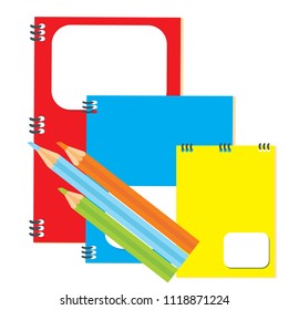 Back to school - notebooks with crayons. Isolated, white background, school supplies, objects, tools