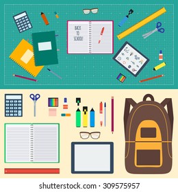 Back to school: notebooks, pen, pencil, stationery, calculator, digital tablet, graph paper, school bag (backpack). Vector flat background and objects illustrations.