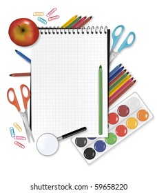 Back to school. Notepad, apple with supplies. Vector.