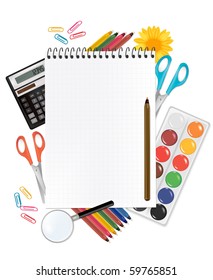 Back to school. Notepad with supplies. Vector.