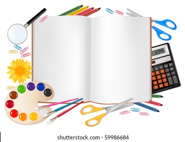 Back to school. Notepad with supplies. Vector.